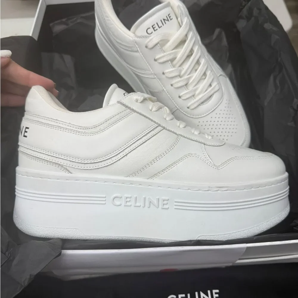 CELINE BLOCK SNEAKERS 50mm WEDGE OUTSOLE IN CALFSKIN Optic White Size 39